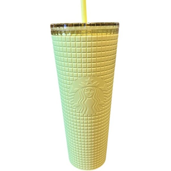 NEW Starbucks 2023‎ Meadow Yellow Soft Touch Grid Tumbler Cold Cup 24 oz - Picture 1 of 3